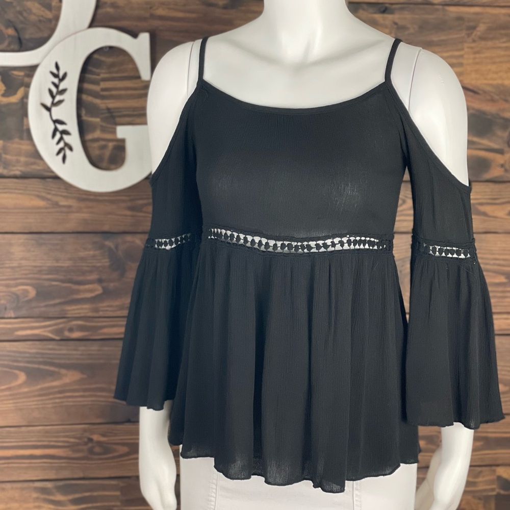 Runway Story | Crochet Eyelet Cold Shoulder Blouse Black Ruched Bell Sleeve